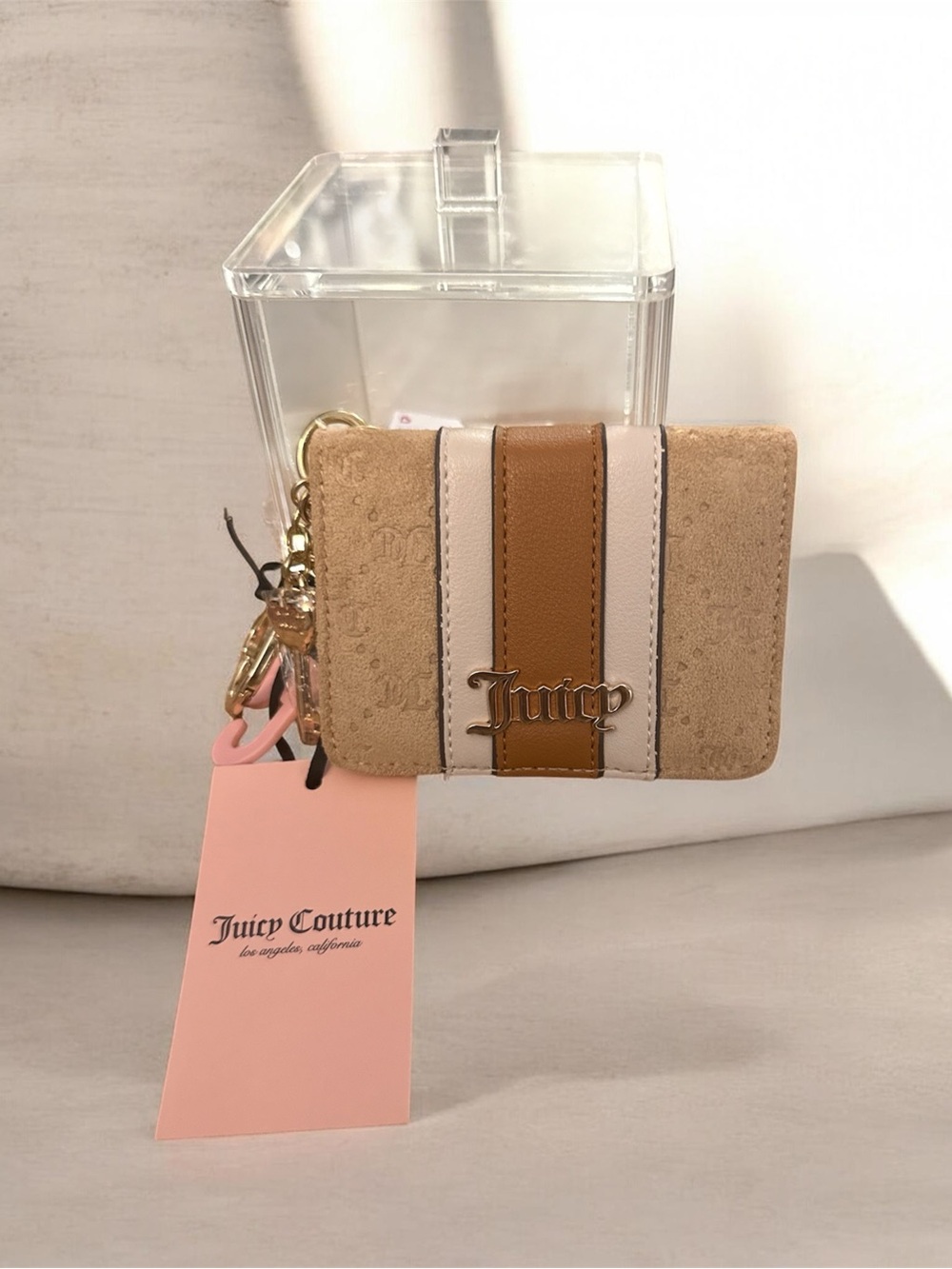 Juicy Couture Beige, Tan & Cream Suede Card Holder with Gold Logo